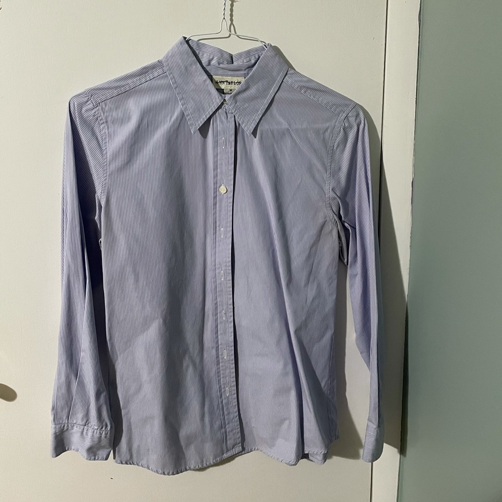 Women’s blue and white pinstripe blouse.